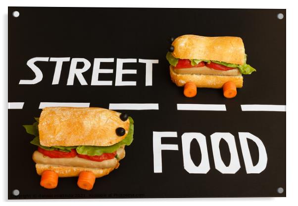 two sandwiches   shaped  car  represent the activity of street food Acrylic by daniele mattioda