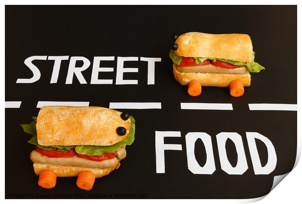 two sandwiches   shaped  car  represent the activity of street food Print by daniele mattioda