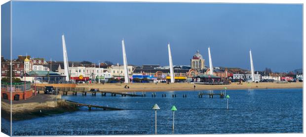 City Beach, Southend on Sea, Essex. Panoramic view. Canvas Print by Peter Bolton