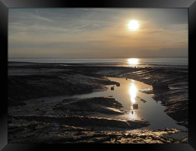 Sunset over water at Clevedon harbour, Somerset Framed Print by mark humpage