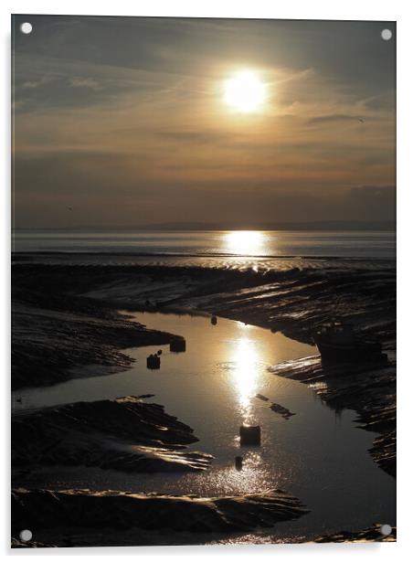 Golden Sunset over water at Clevedon harbour, Somerset. Acrylic by mark humpage