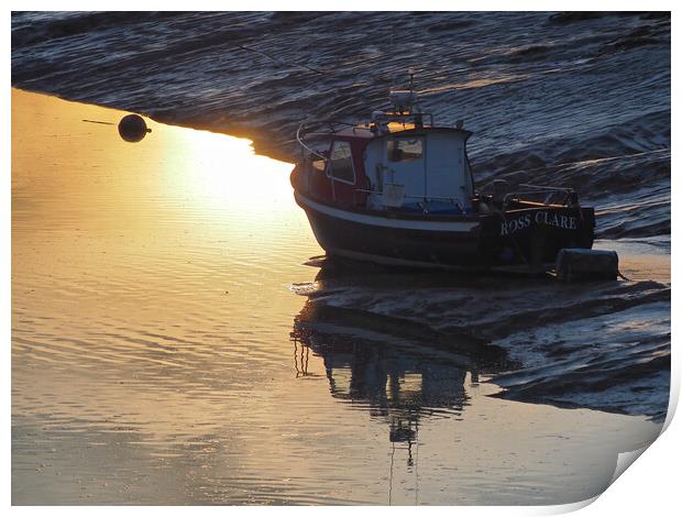 Golden Sunset with boat in water at Clevedon harbour, Somerset. Print by mark humpage