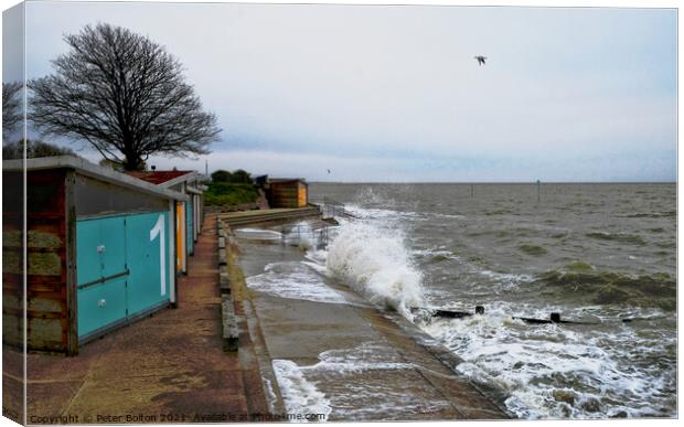 East Beach at high tide, Shoeburyness, Essex. Canvas Print by Peter Bolton