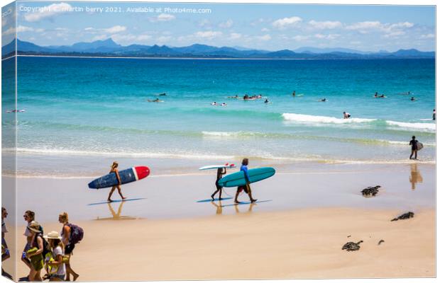 Byron Bay Wategos beach and local surfers Canvas Print by martin berry