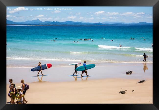Byron Bay Wategos beach and local surfers Framed Print by martin berry