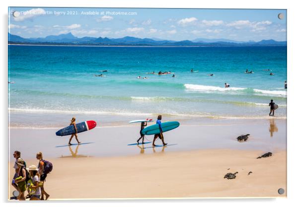 Byron Bay Wategos beach and local surfers Acrylic by martin berry