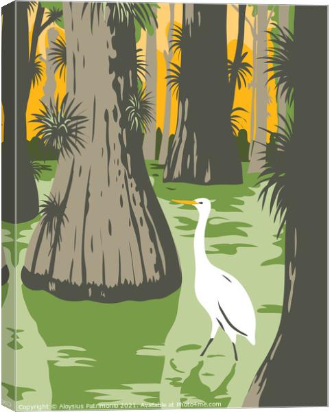Everglades National Park with Egret in Mangrove and Cypress Trees WPA Poster Art  Canvas Print by Aloysius Patrimonio