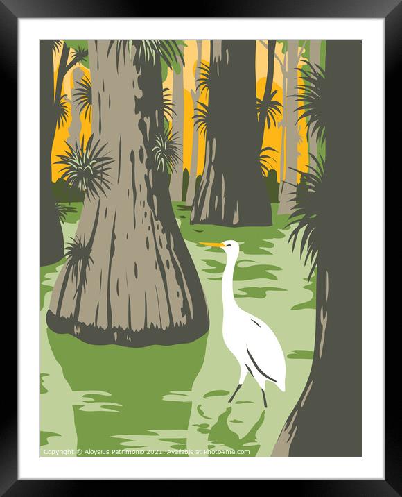 Everglades National Park with Egret in Mangrove and Cypress Trees WPA Poster Art  Framed Mounted Print by Aloysius Patrimonio