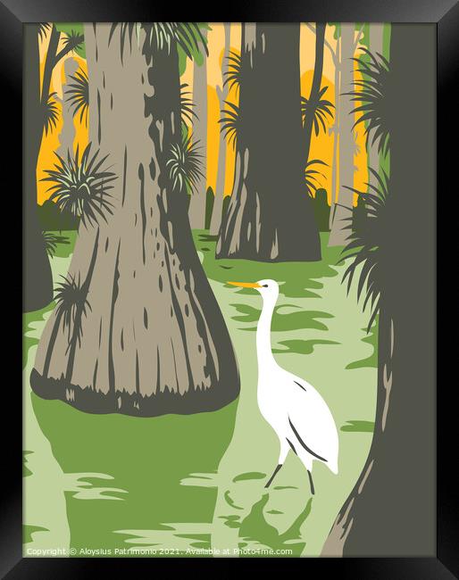 Everglades National Park with Egret in Mangrove and Cypress Trees WPA Poster Art  Framed Print by Aloysius Patrimonio