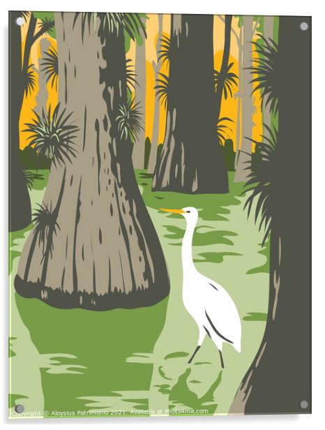 Everglades National Park with Egret in Mangrove and Cypress Trees WPA Poster Art  Acrylic by Aloysius Patrimonio