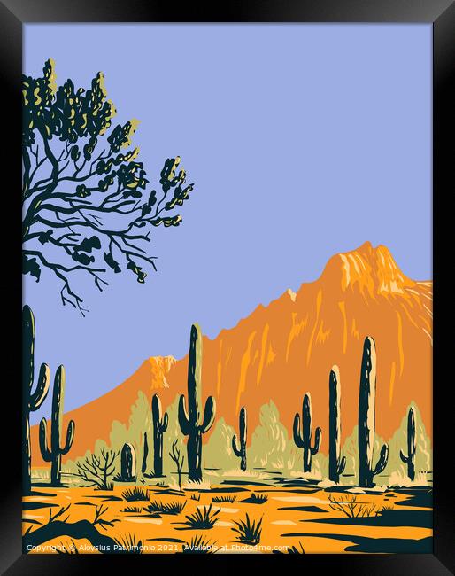 Saguaro Cactus or Carnegiea Gigantea in Ironwood Forest National Monument Section of the Sonoran Desert in Arizona WPA Poster Art Framed Print by Aloysius Patrimonio