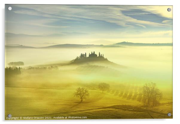 Farmland in a Foggy Morning, Tuscany Acrylic by Stefano Orazzini