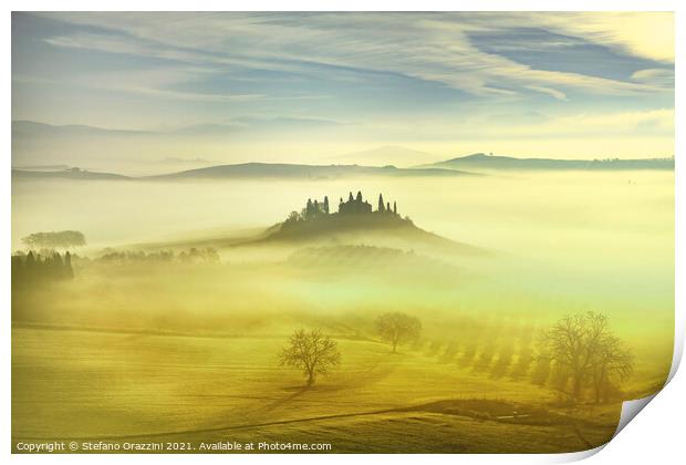 Farmland in a Foggy Morning, Tuscany Print by Stefano Orazzini