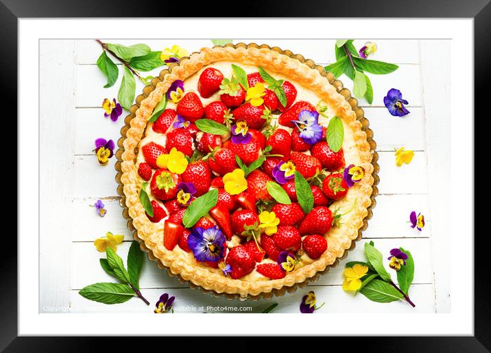 Traditional strawberry pie or tart,top view Framed Mounted Print by Mykola Lunov Mykola