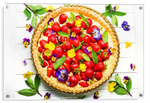 Traditional strawberry pie or tart,top view Acrylic by Mykola Lunov Mykola