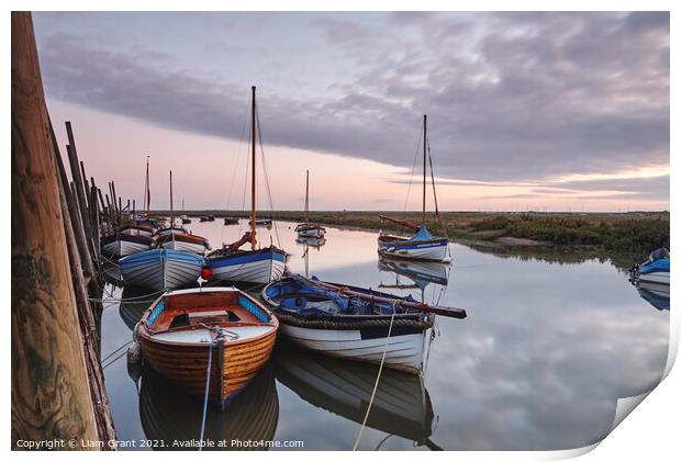 Boats moored in Blakeney Harbour at dawn. Norfolk, UK. Print by Liam Grant