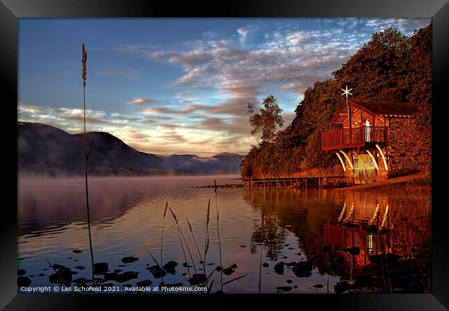 Ullswater Boathouse Sunrise Framed Print by Les Schofield