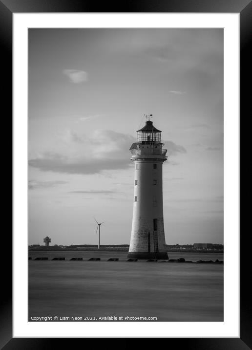 High Tide New Brighton Lighthouse Monochrome Framed Mounted Print by Liam Neon
