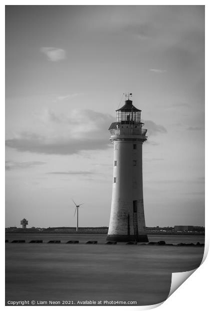 High Tide New Brighton Lighthouse Monochrome Print by Liam Neon