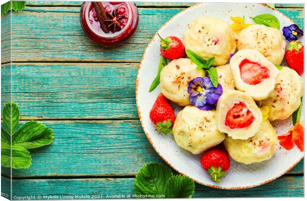Sweet dumplings with strawberries or knedlik Canvas Print by Mykola Lunov Mykola