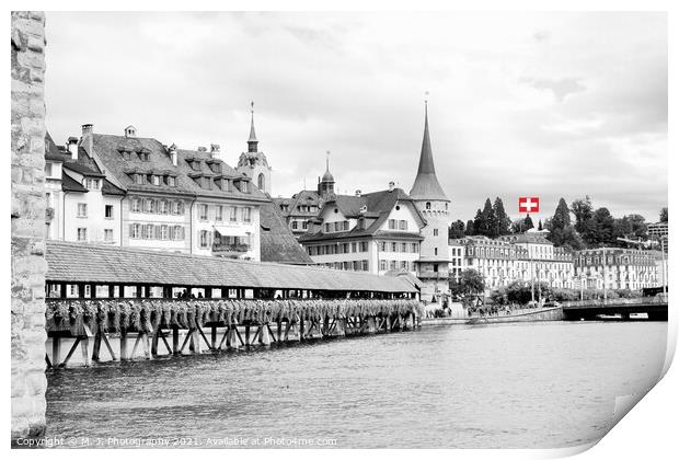 Famous Chapel bridge in Lucerne in a beautiful summer day,  Print by M. J. Photography