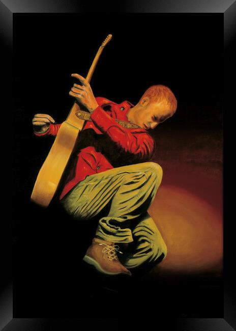 Painting of a guitarist on stage. Painted by me in 2004. Now available as prints. Framed Print by Peter Bolton