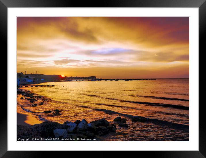 Roda Beach Corfu Sunset Framed Mounted Print by Les Schofield