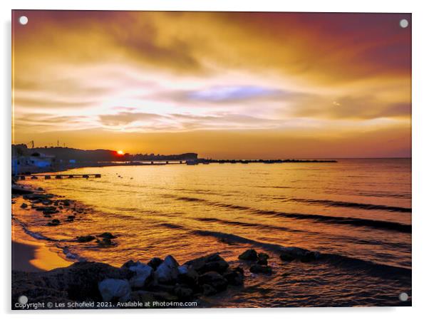 Roda Beach Corfu Sunset Acrylic by Les Schofield