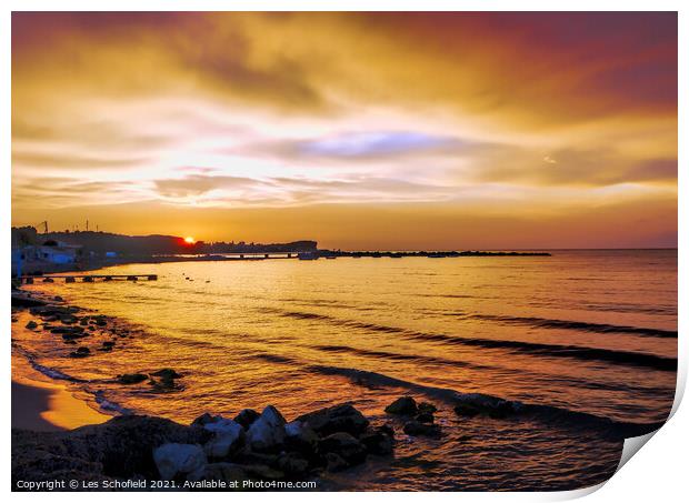 Roda Beach Corfu Sunset Print by Les Schofield