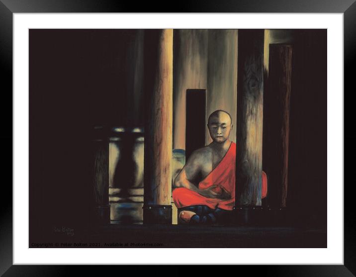 Painting in oils of a Shaolin monk in meditation. By me 2003. Now available as prints. Framed Mounted Print by Peter Bolton