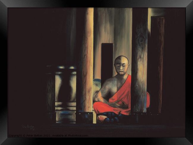 Painting in oils of a Shaolin monk in meditation. By me 2003. Now available as prints. Framed Print by Peter Bolton