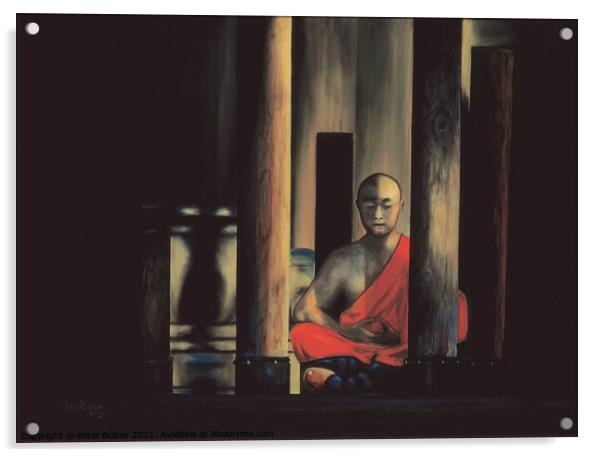 Painting in oils of a Shaolin monk in meditation. By me 2003. Now available as prints. Acrylic by Peter Bolton