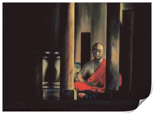Painting in oils of a Shaolin monk in meditation. By me 2003. Now available as prints. Print by Peter Bolton