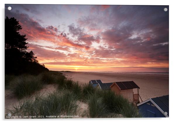 Sunset, beach huts and dunes at Wells-next-the-sea. Norfolk, UK. Acrylic by Liam Grant