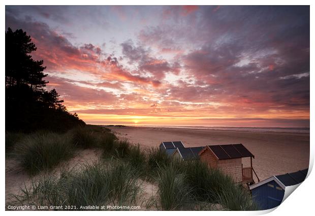 Sunset, beach huts and dunes at Wells-next-the-sea. Norfolk, UK. Print by Liam Grant