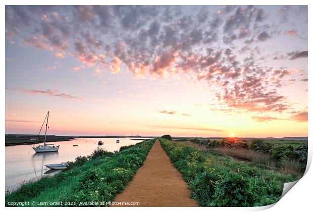 Boats and footpath at sunrise. Burnham Overy Staithe, Norfolk, U Print by Liam Grant