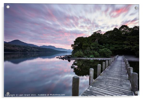Jetty and reflections on the surface of Coniston Water at dawn. Acrylic by Liam Grant