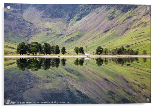 Trees and mountainside reflected in the surface of Buttermere la Acrylic by Liam Grant