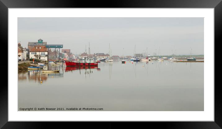 Wells Next The Sea harbour at high tide with mist Framed Mounted Print by Keith Bowser