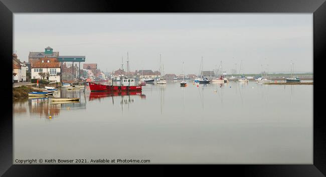 Wells Next The Sea harbour at high tide with mist Framed Print by Keith Bowser