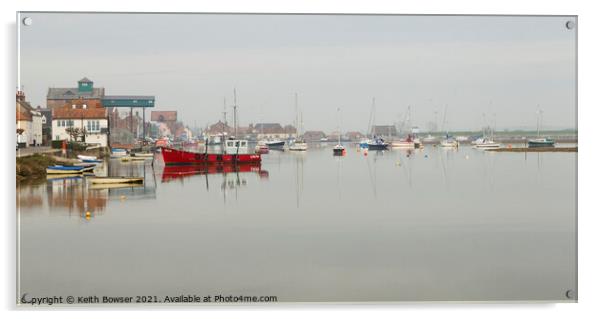 Wells Next The Sea harbour at high tide with mist Acrylic by Keith Bowser