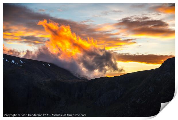 Cwm Idwal fiery sunset. Print by John Henderson