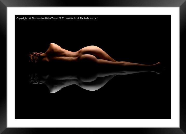 Nude woman sleeping on black Framed Mounted Print by Alessandro Della Torre
