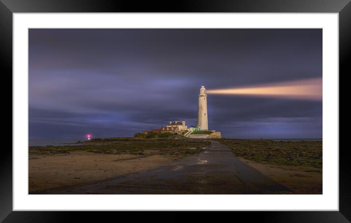 St Mary's Lighthouse at Night Framed Mounted Print by Mark Jones