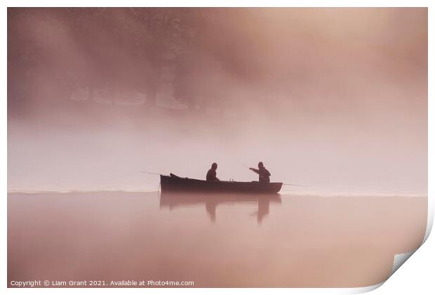 People fishing from a boat on a misty lake at dawn. Print by Liam Grant