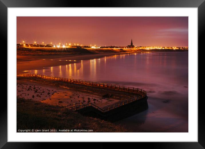 Old sea bathing pool and Tynemouth Church at night. Northumberla Framed Mounted Print by Liam Grant
