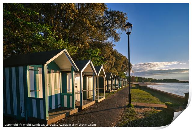 Puckpool Beach Huts Print by Wight Landscapes