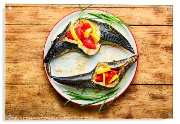 Grilled mackerel fish Acrylic by Mykola Lunov Mykola
