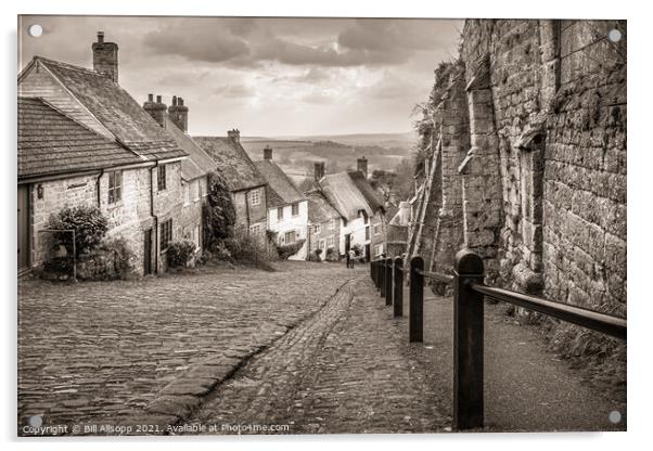 Gold Hill Shaftesbury. Acrylic by Bill Allsopp