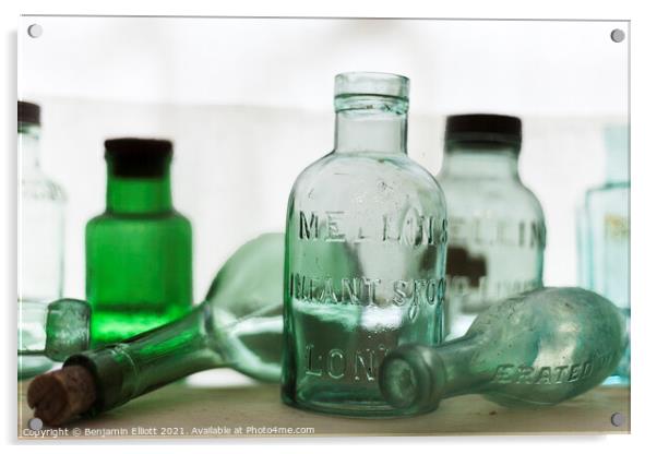 Old bottles on a shelf Acrylic by Benjamin Elliott